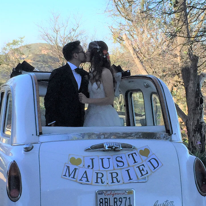 Wedding couple kissing standing in the back of a London Taxi cab.